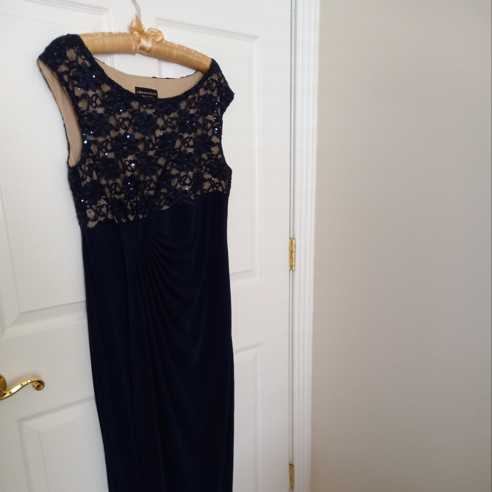 Evening dress , lace, sequins, maxi. Top has beige lining. Worn only once.